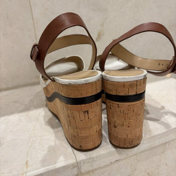 Michael Kors White & Tan Leather Cork Wedge Sandals Size 8 - Picture 4 of 8